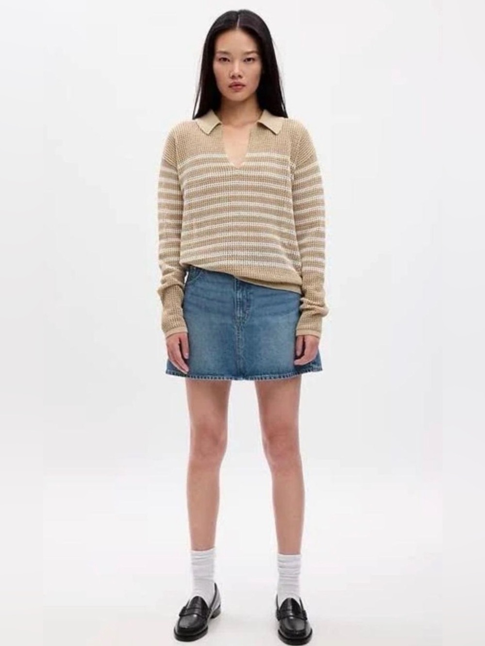 GAP Crochet Polo Sweater S Tan White Stripe Open Knit 100% Cotton Long Sleeve